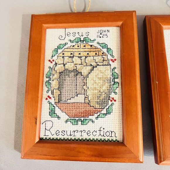 2 Vintage Cross Stitch Framed Jesus Christ Lord Resurrection Passover Religious - Picture 3 of 7